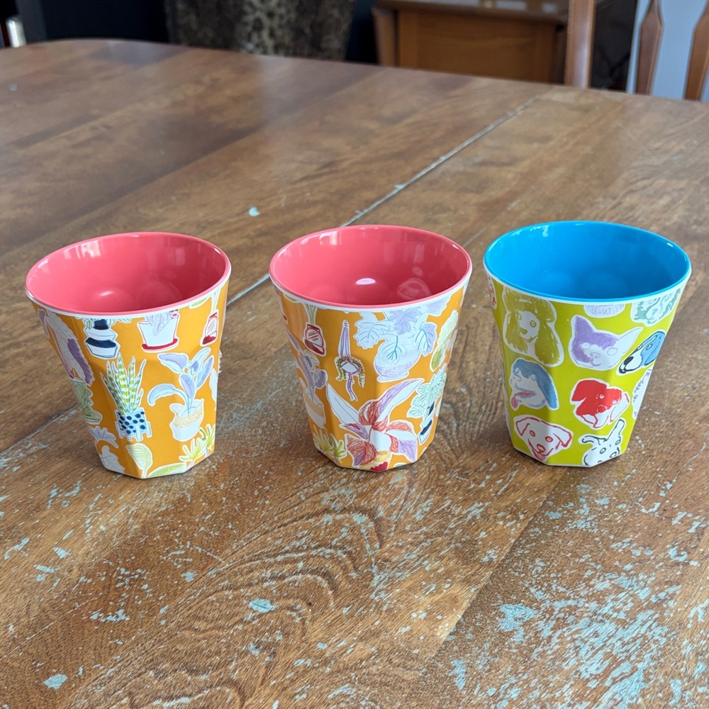 Anthropology melamine picnic cups set of 3- dogs, plants